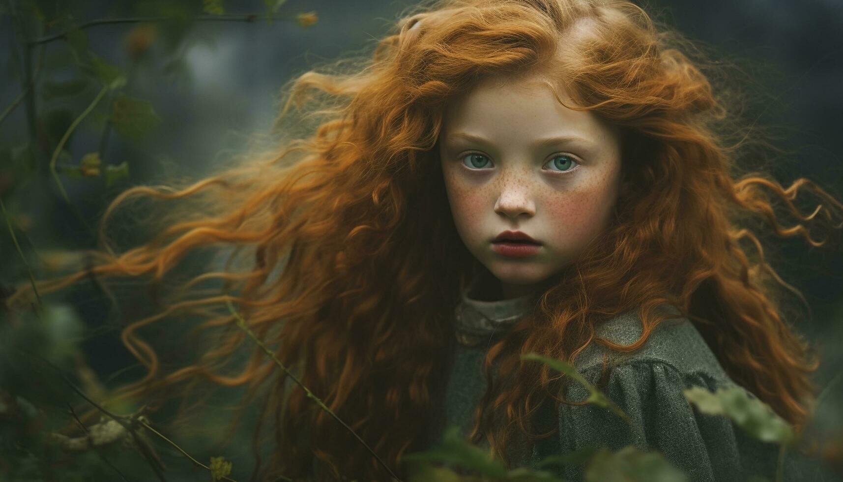 AI generated One cute redhead girl looking at camera in autumn forest generated by AI photo
