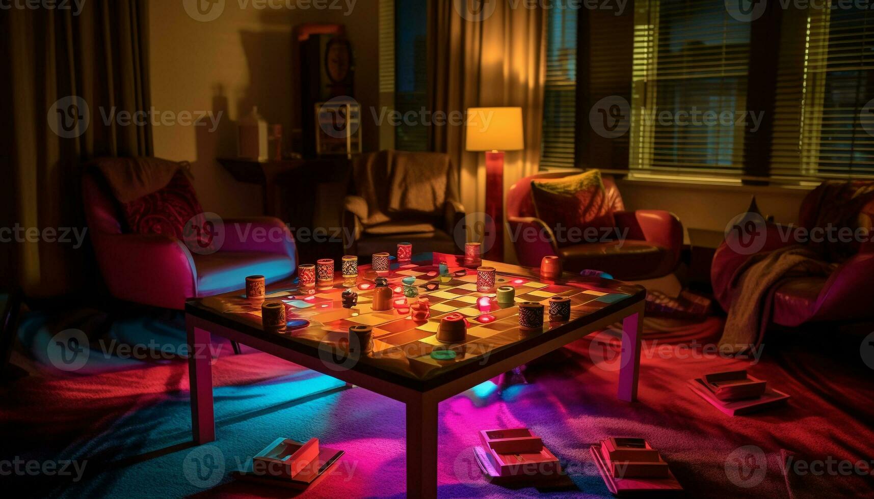 AI generated Comfortable modern living room with illuminated electric lamp and wood flooring generated by AI photo