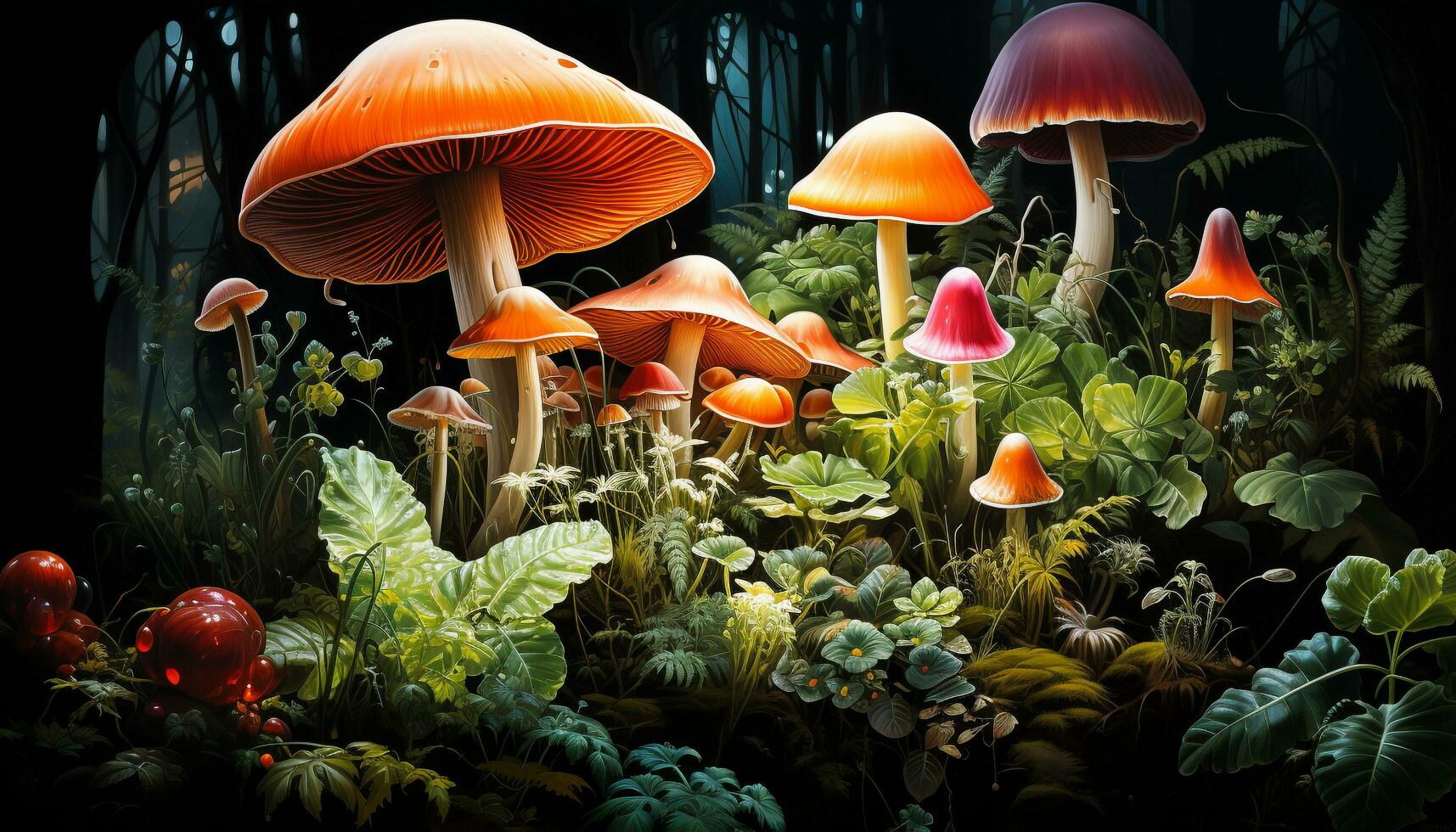 AI generated The colorful toadstool grows in the uncultivated forest meadow generated by AI photo