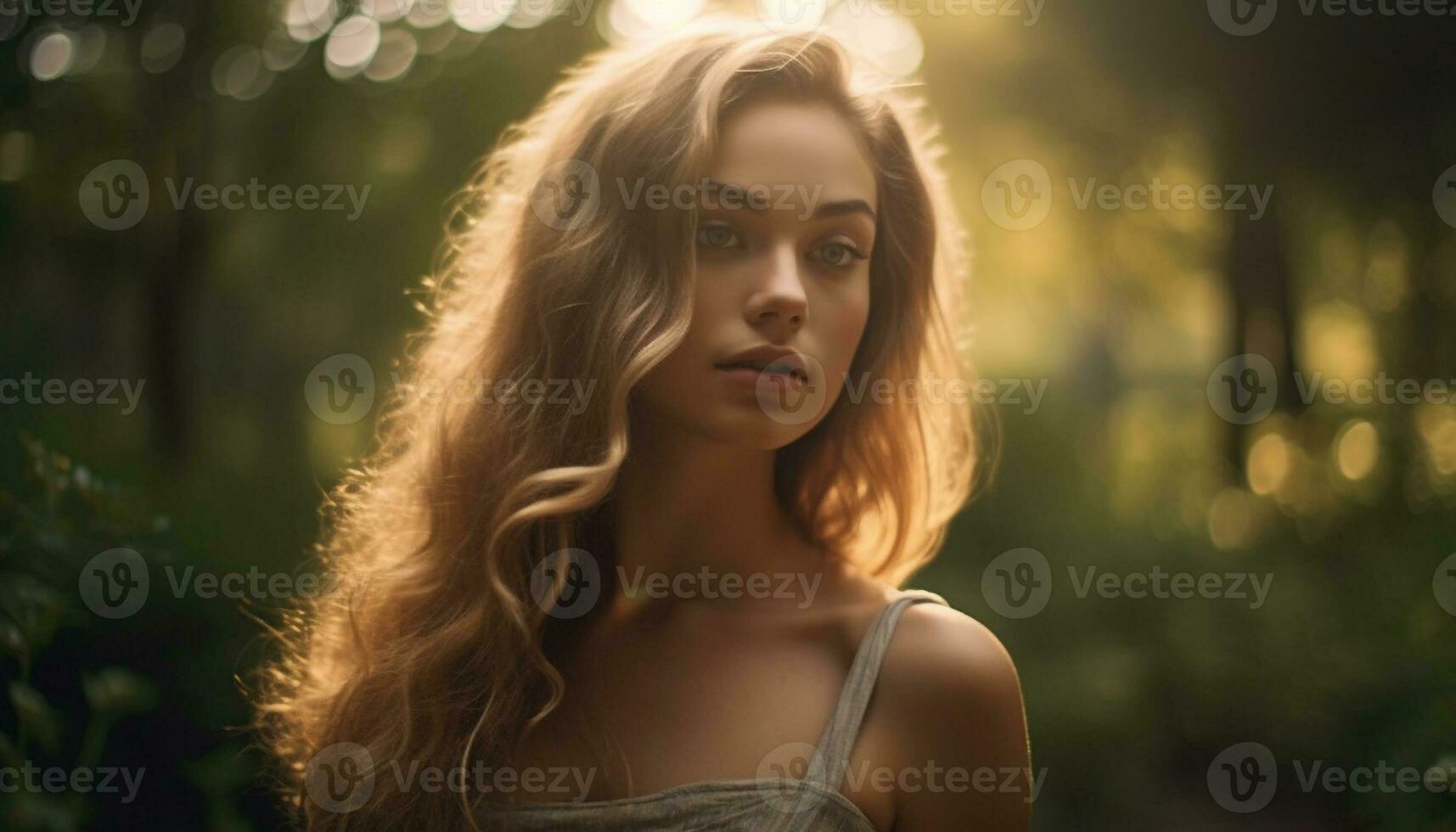 AI generated Young woman in nature, beauty and elegance, looking at camera generated by AI photo