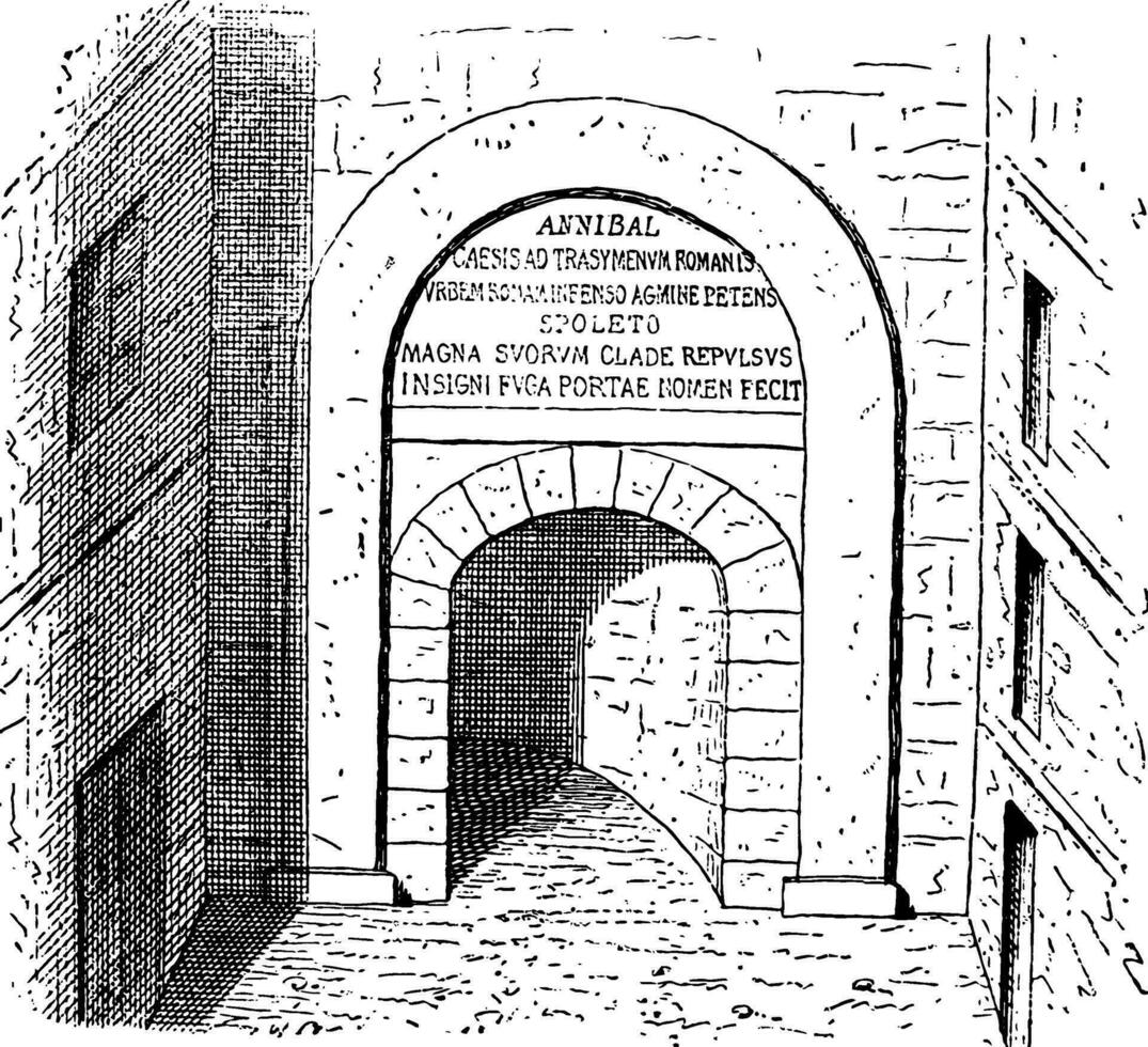 Gate of Spoleto, in rome,  vintage engraving. vector