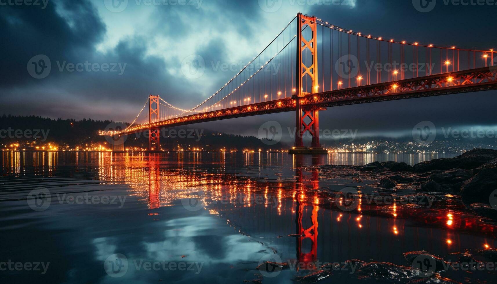 ai generado el iluminado ciudad horizonte refleja en el tranquilo frente al mar a oscuridad generado por ai foto