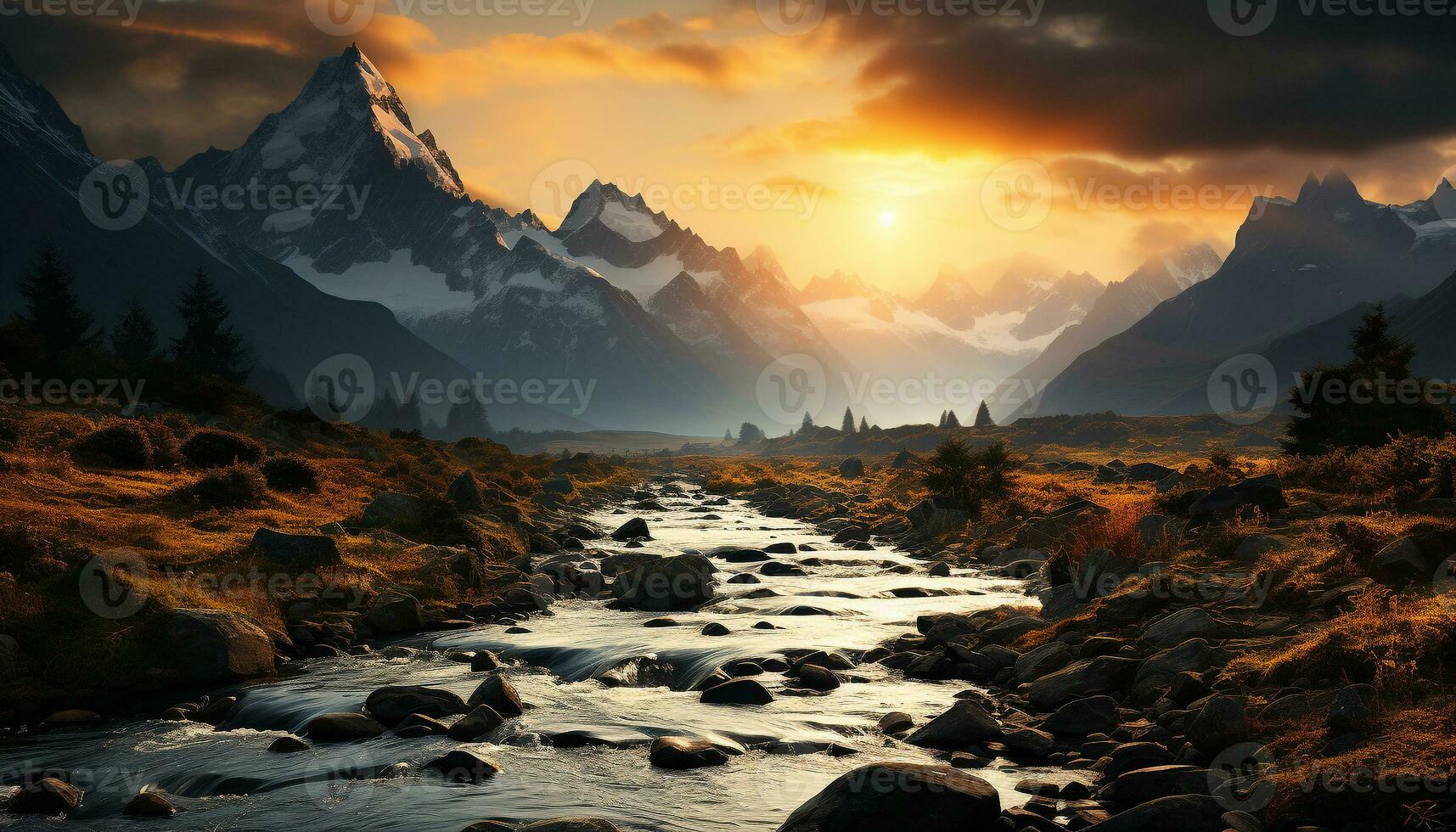 AI generated Majestic mountain peak reflects beauty in nature, tranquil sunset landscape generated by AI photo