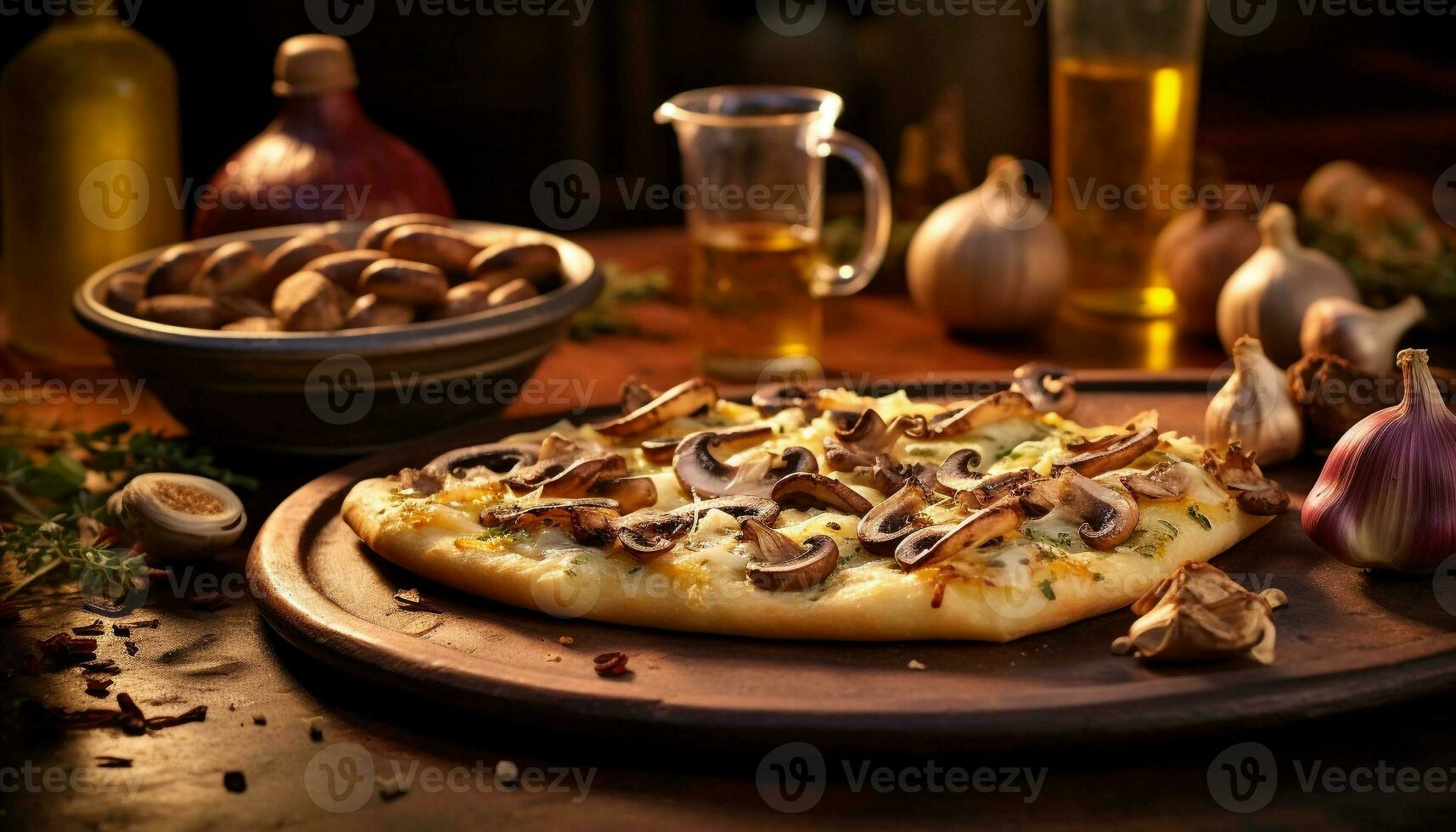ai generado rústico madera mesa, Fresco hecho en casa pizza, gastrónomo comida, queso Mozzarella rebanada generado por ai foto
