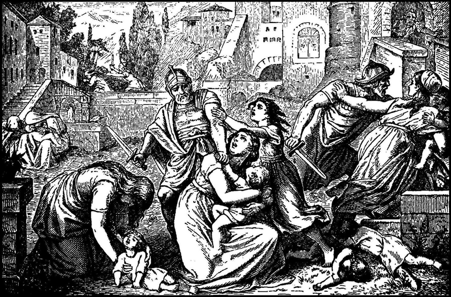 The Slaughter of the Innocents - Herod Has All of the Baby Boys Killed vintage illustration. vector