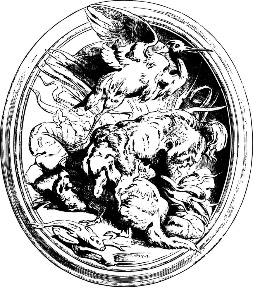 Sculpture represents two dogs fighting over a heron's nest in a high relief style, vintage engraving. vector