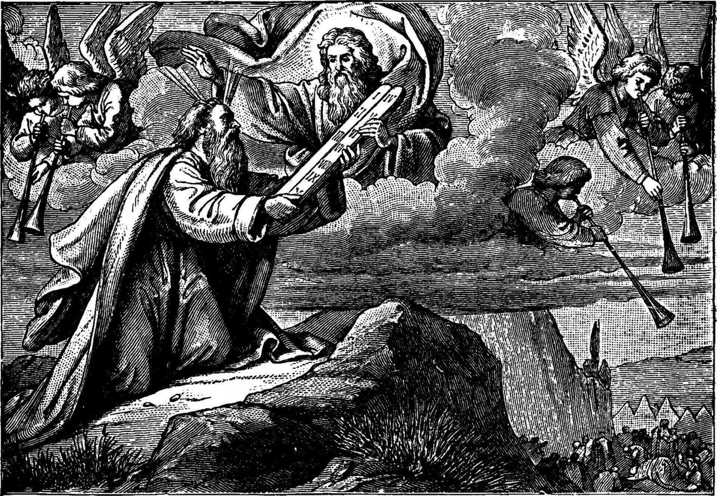 Moisés recibe el diez mandamientos en dos tabletas de Roca Clásico ilustración. vector