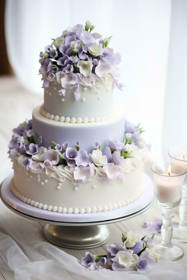 ai generado floraciones de amor Boda pastel adornado en lila y bígaro foto