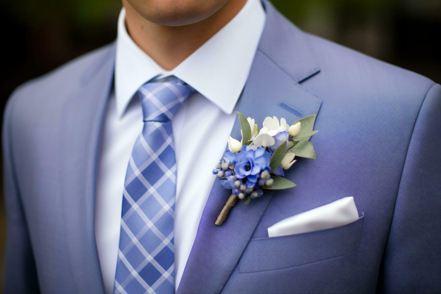 AI generated Dapper Details Macro Shot of Groom's Boutonniere with Periwinkle Accents photo