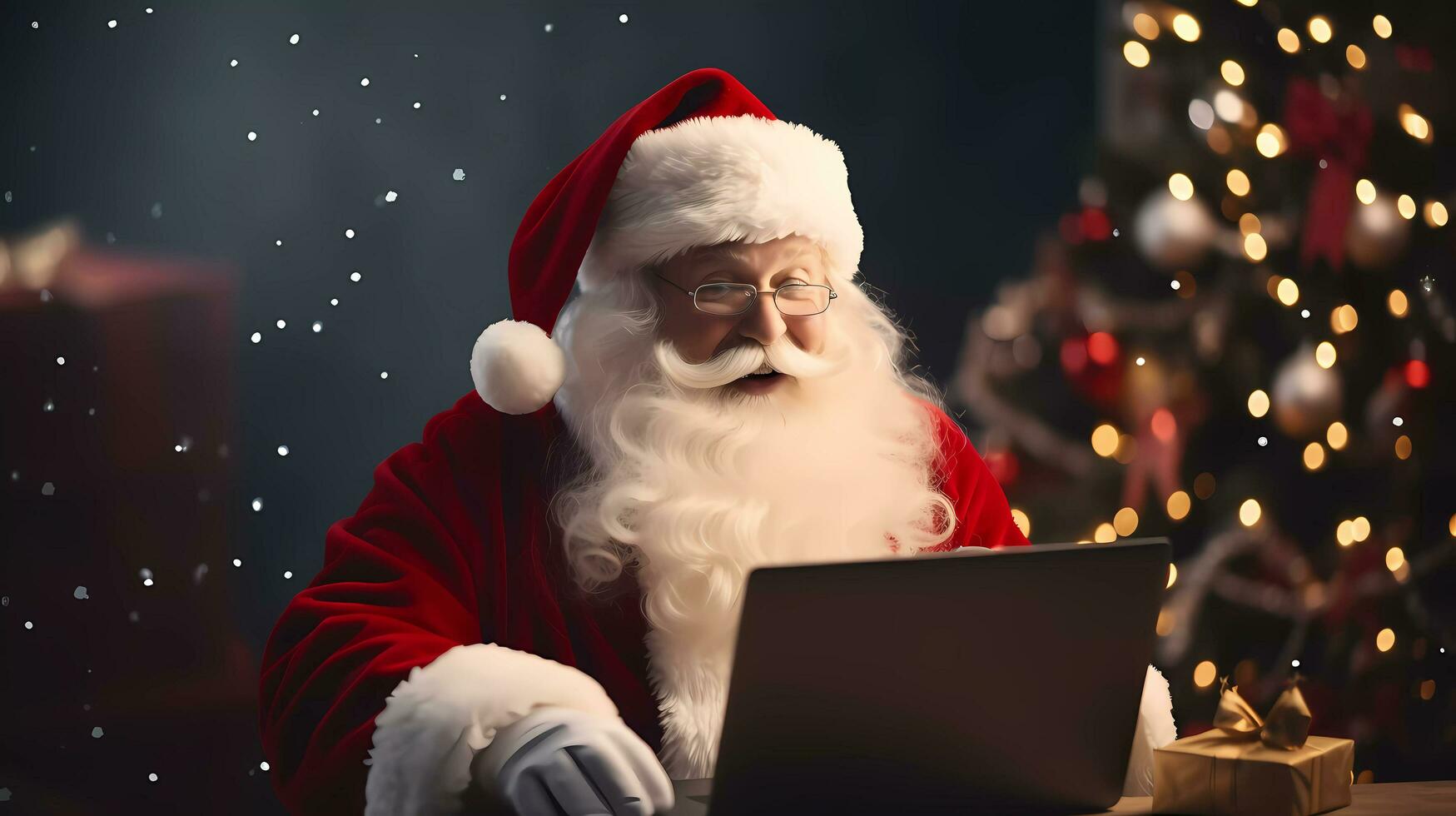 ai generado foto de Papa Noel claus sentar y utilizando ordenador portátil a tomar orden en línea. fiesta humor. promoción para social medios de comunicación o en línea tienda