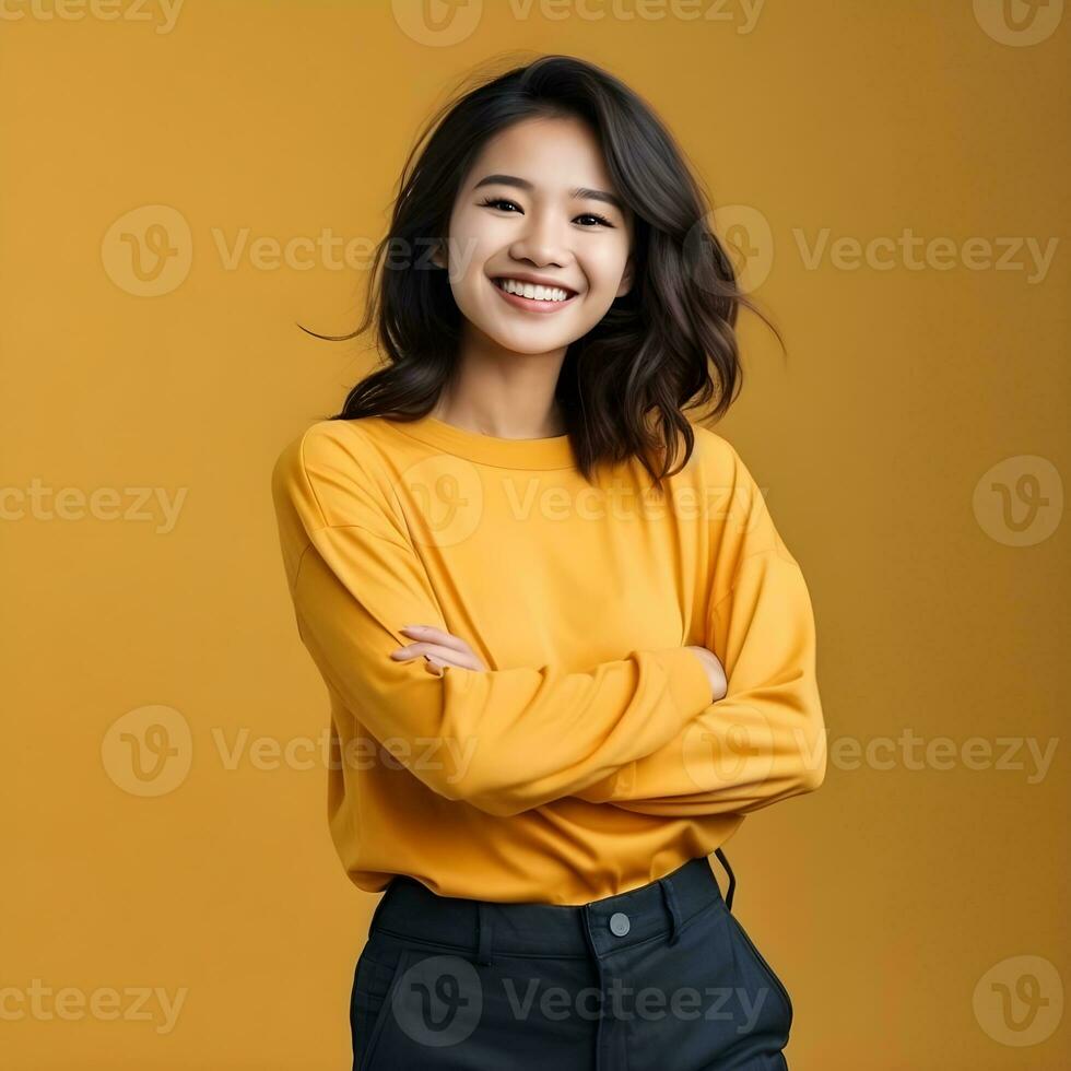 AI generated photo lifestyle, people emotions and casual concept. confident nice smiling asian woman cross arms