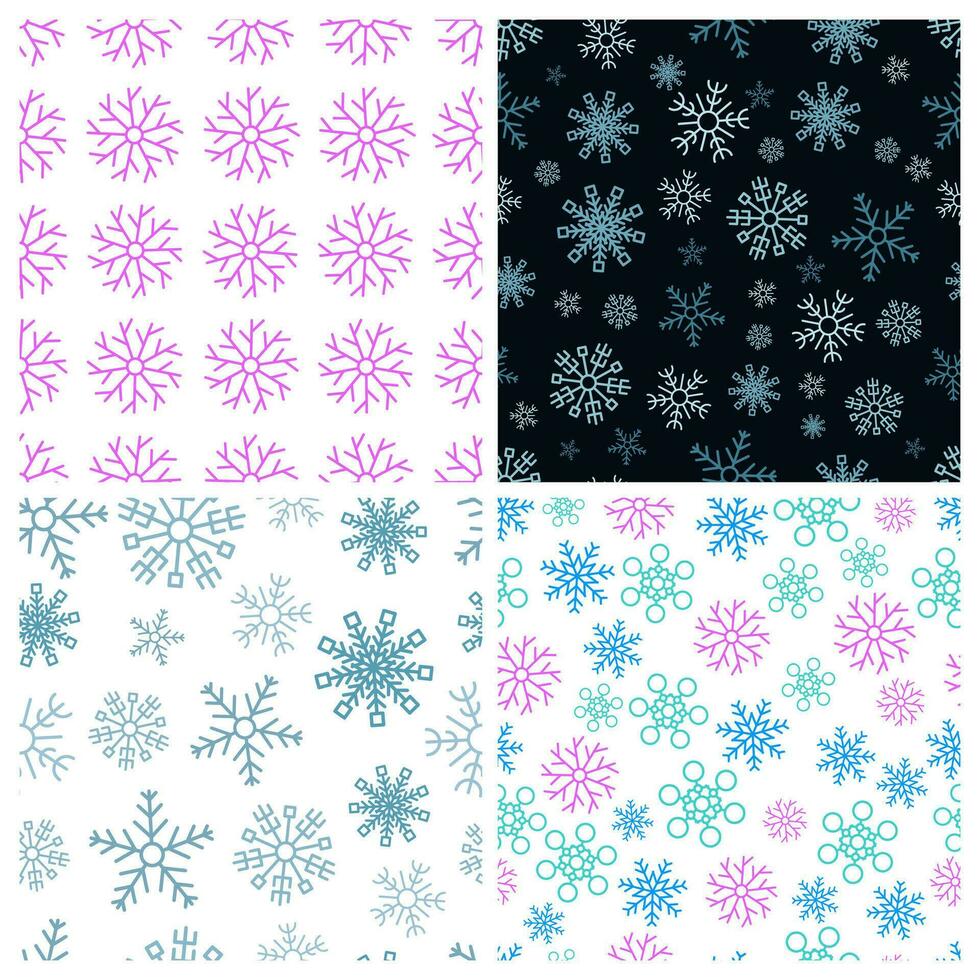 Seamless background with snowflakes. Set of four Christmas and New Year backdrops. Christmas decoration elements. Vector illustration.