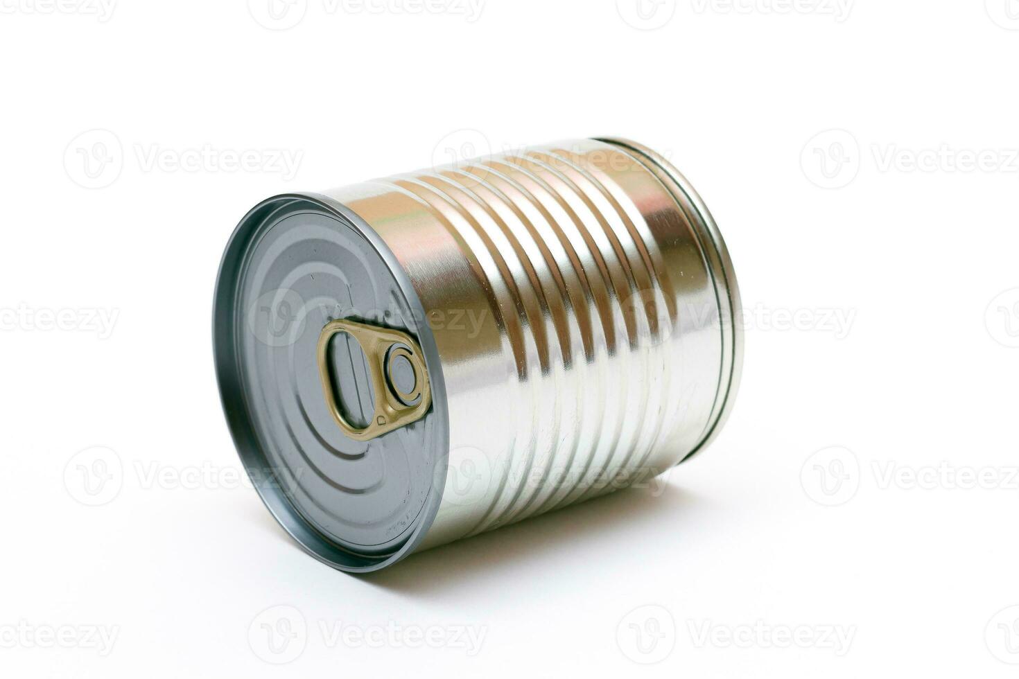 Unopened Tin Can with Blank Edge on White Background. Canned Food. Aluminum Can for Safe and Long Term Storage of Food. Steel Sealed Food Storage Container photo