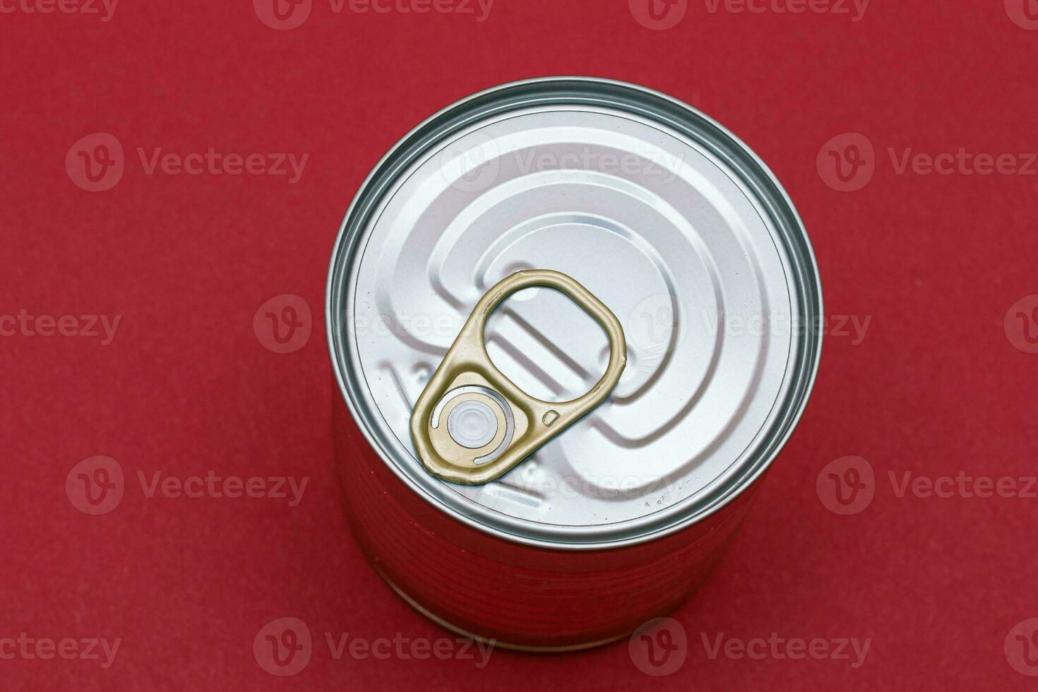 Unopened Tin Can with Blank Edge on Red Background. Canned Food. Aluminum Can for Safe and Long Term Storage of Food. Steel Sealed Food Storage Container photo