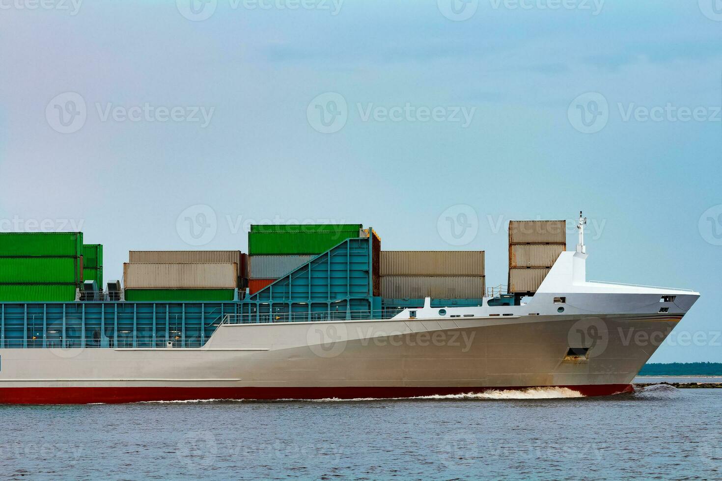 Grey container ship. Logistics and production import photo