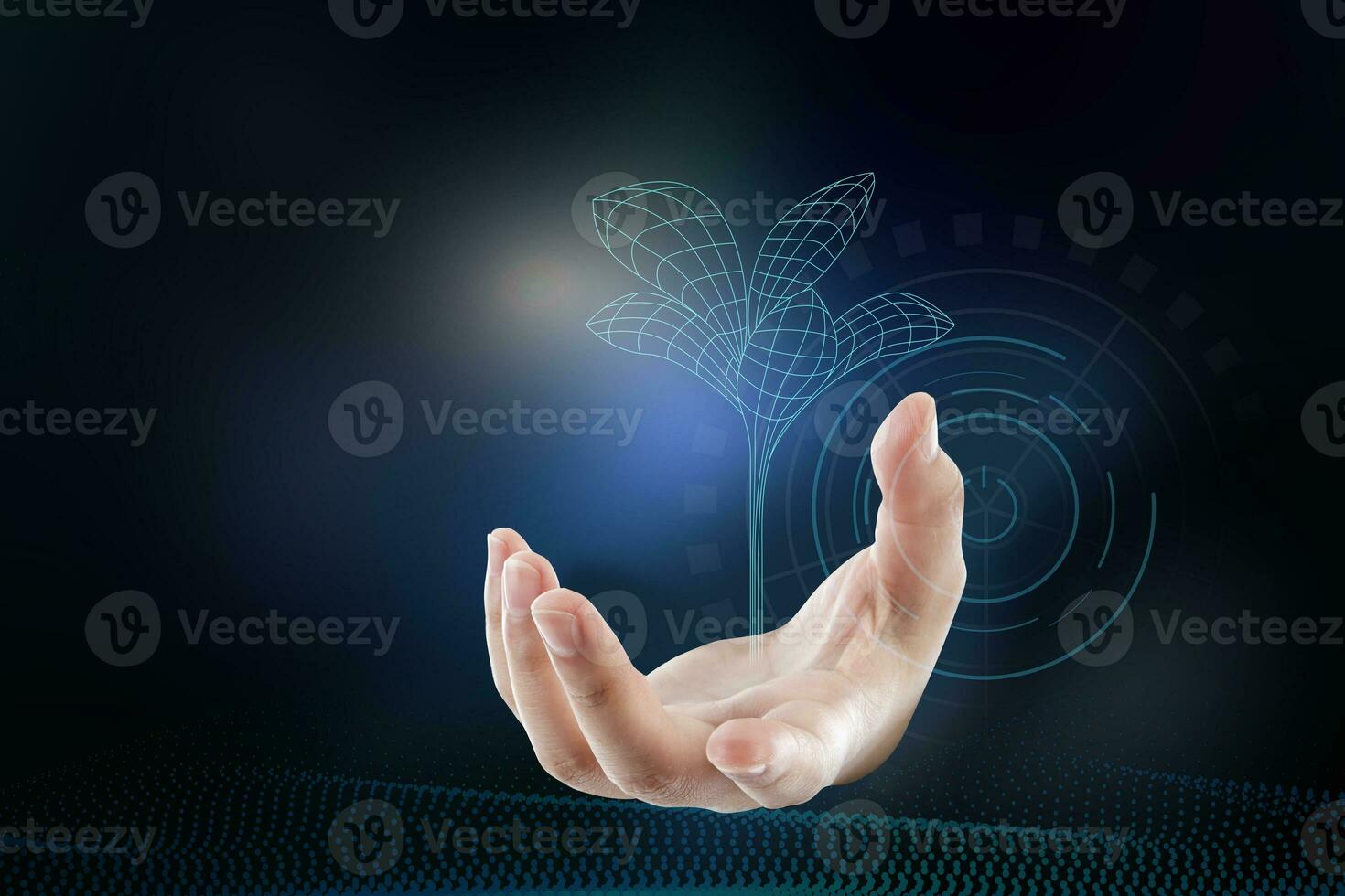 hand holding wireframe tree growing on dark blue technology background photo