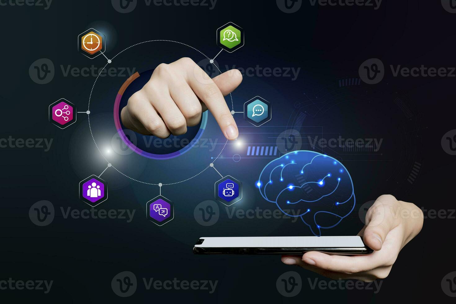 hands on tablet touchscreen present benefit of chatbot artificial intelligence for business infographic photo