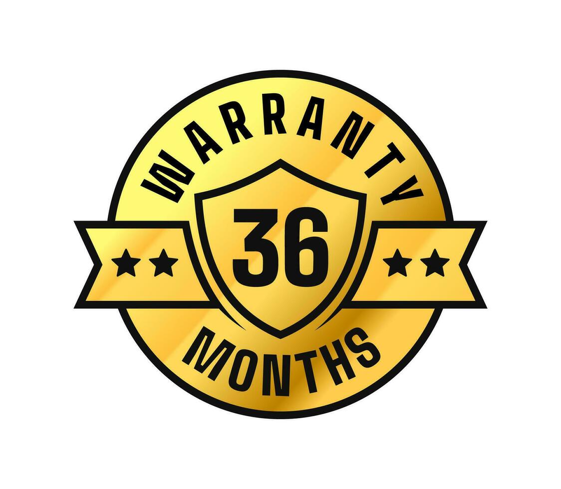 24 months warranty. Shield, stars, ribbon circle gold label. For icon, logo, seal, tag, sign, symbol, badge, stamp, sticker, etc. Vector