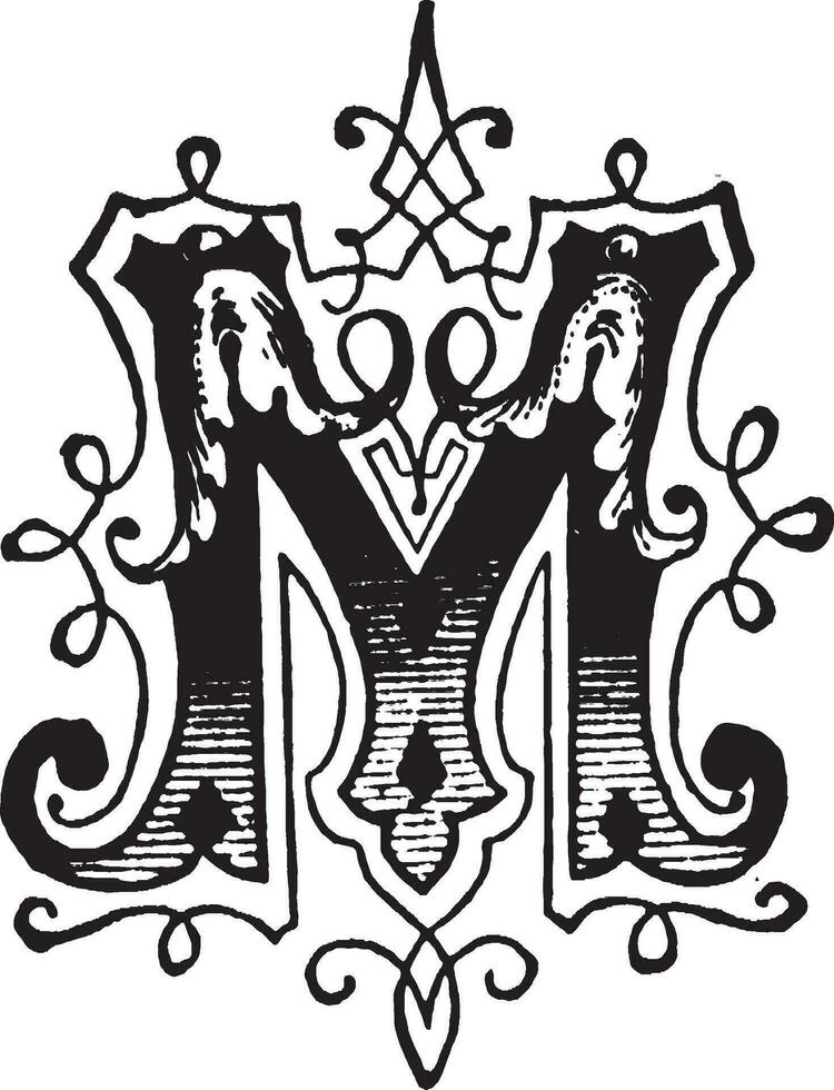 M, Ornamental letter, vintage illustration vector