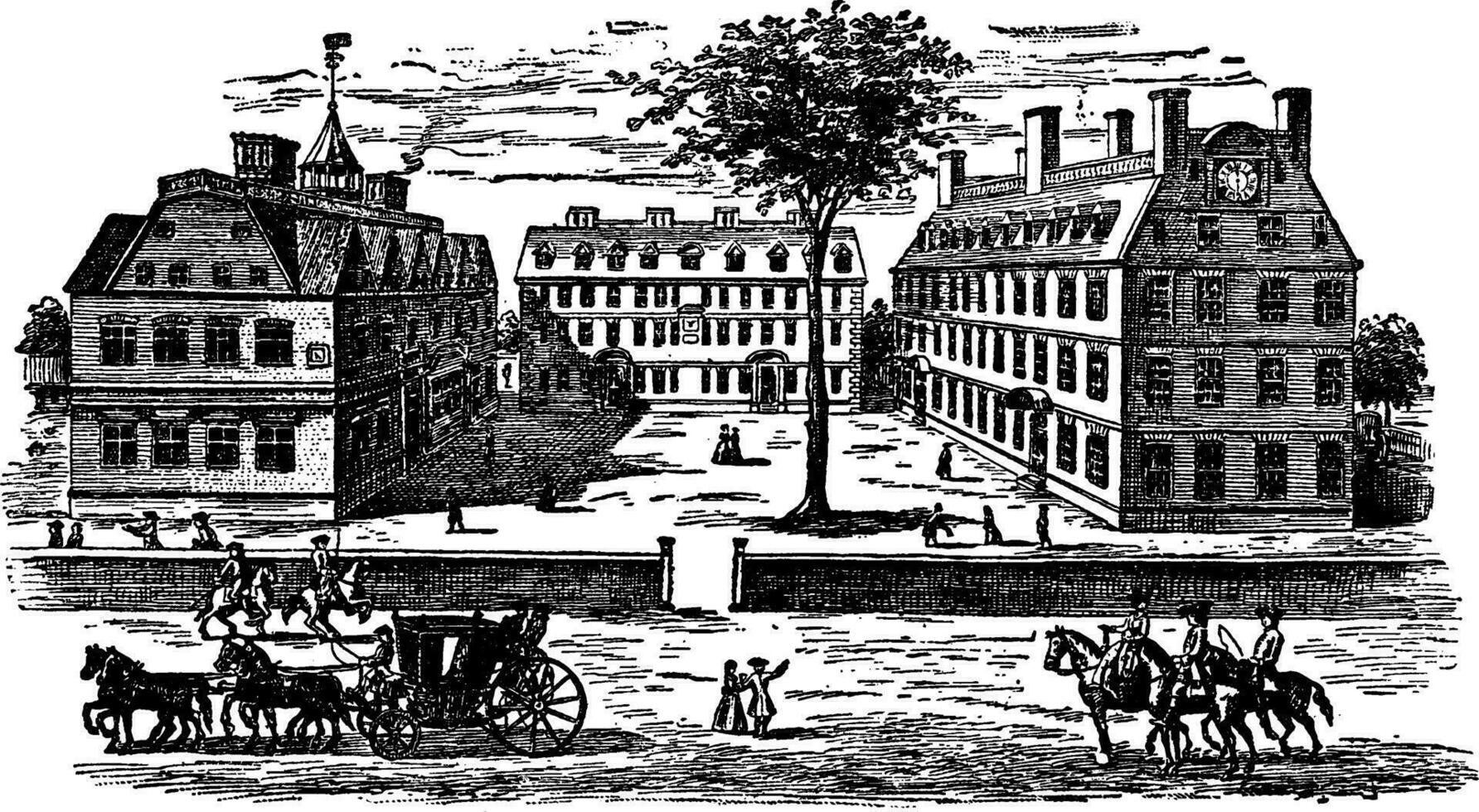 Harvard College in the Eighteenth Century,vintage illustration. vector