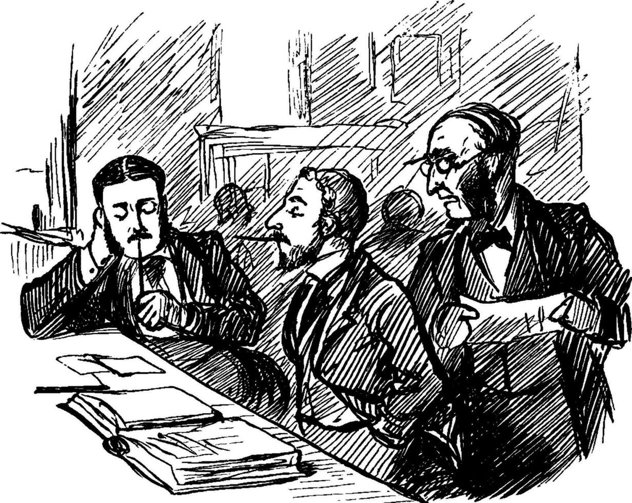 Tres hombres mirando a libro, Clásico ilustración vector