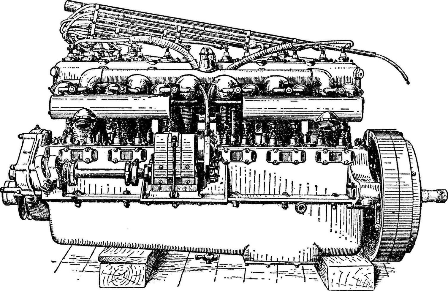 válvula lado ver de seis cilindro rollos Royce motor, Clásico ilustración. vector