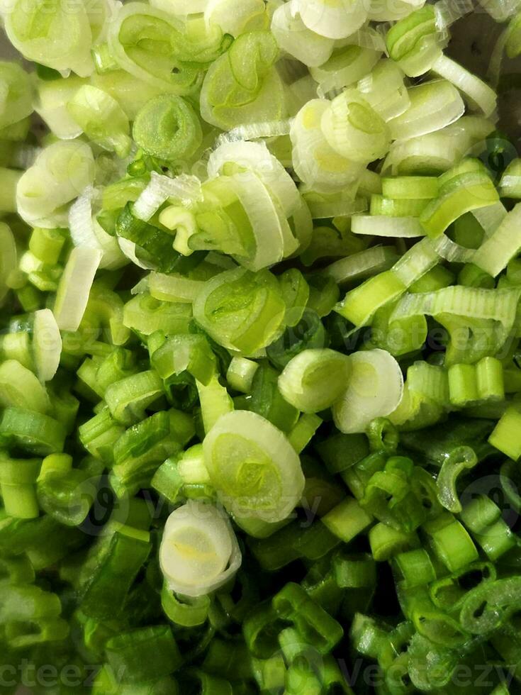 Green onions. Chopped green onions. Chopped onions for salad photo