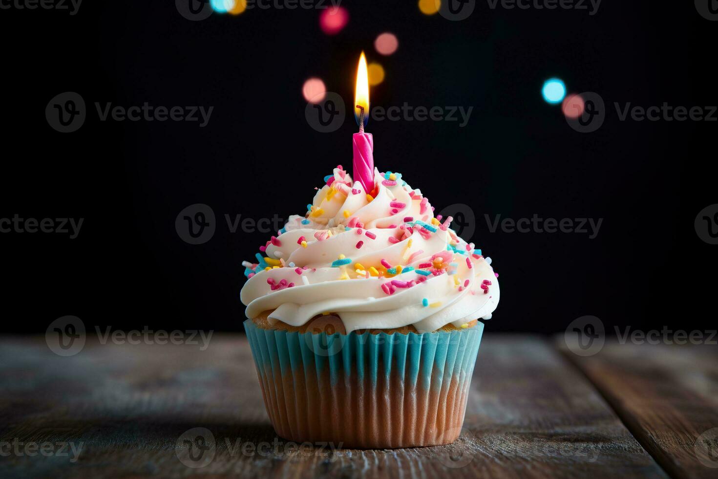 AI generated A delicious birthday cupcake and candle light. Generative AI. photo