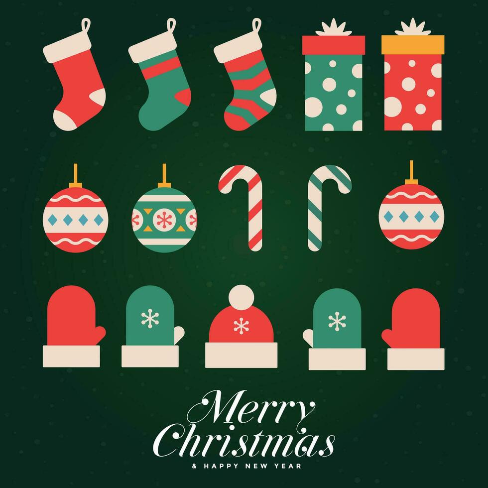 Merry Christmas background with Christmas pendants, gift boxes, hats vector collection