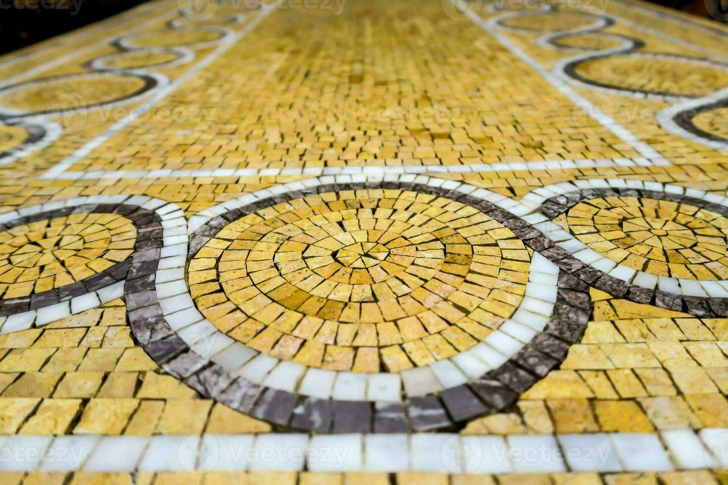 a mosaic floor with a circular design on it photo