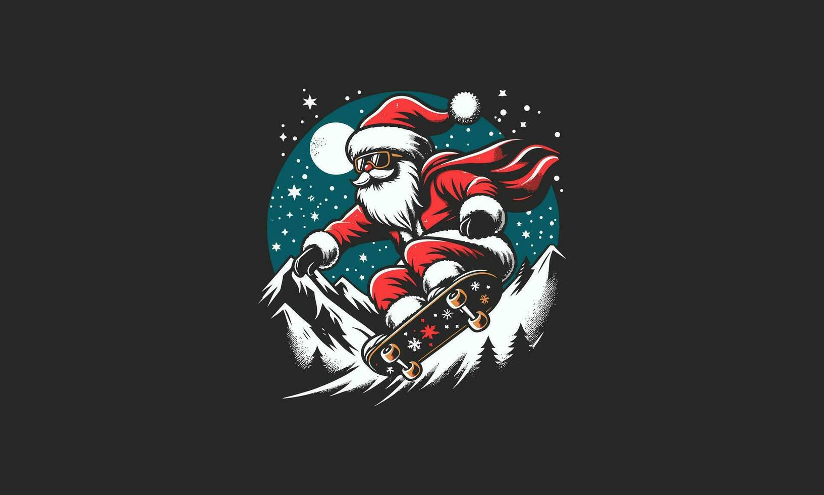 Papa Noel jugando patineta en montaña vector plano diseño