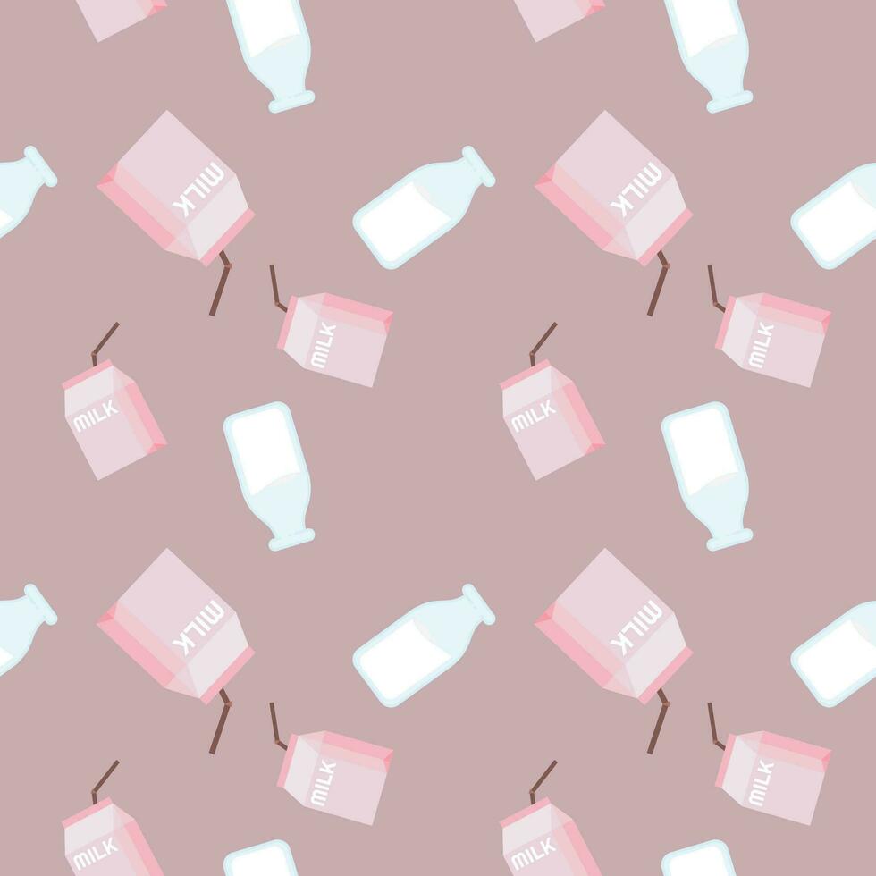 tasty pink milk box bottle repeat seamless pattern doodle cartoon style wallpaper vector illustration