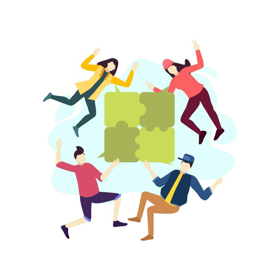 team work discussion together solve puzzle people character flat design vector illustration