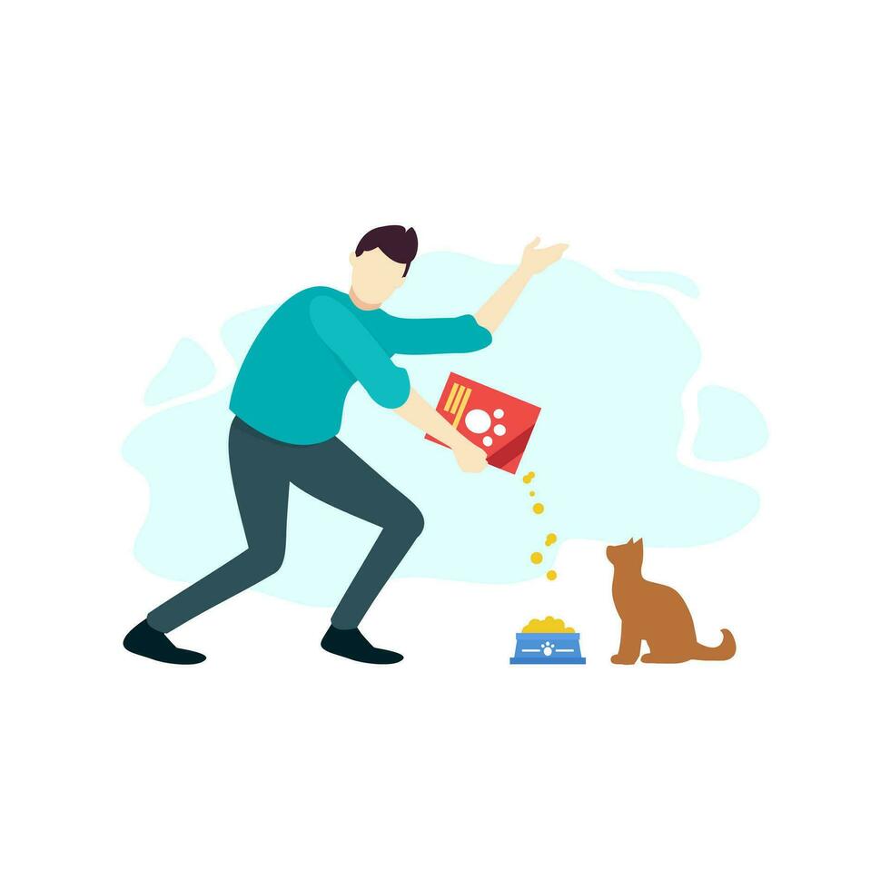 man is feeding food a pet cat animal people character flat design vector illustration