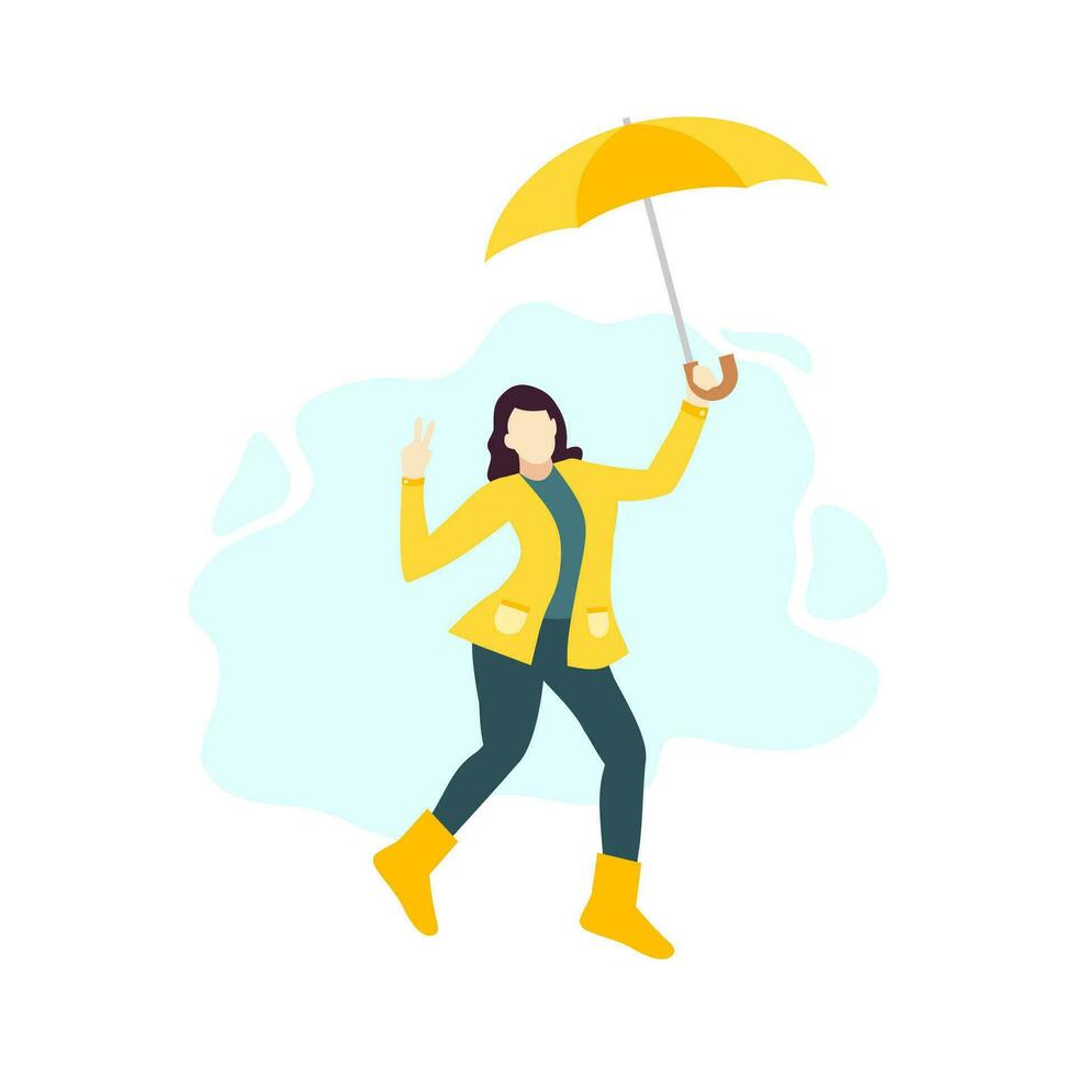 happy woman holding an umbrella with yellow raincoat people character flat design vector illustration