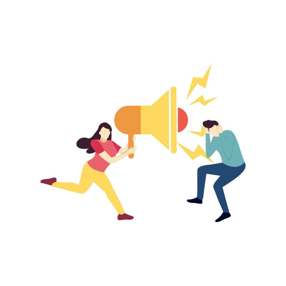 woman speak yelling via megaphone to a man people character flat design vector illustration