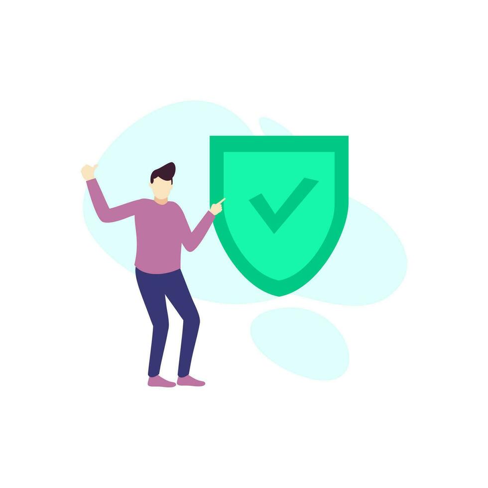 man is pointing at the shield with checklist people character flat design vector illustration