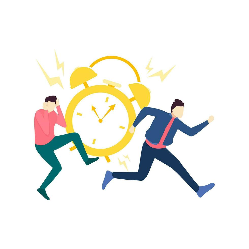 dos hombre correr evitar desde alarma reloj fecha límite personas personaje plano diseño vector ilustración