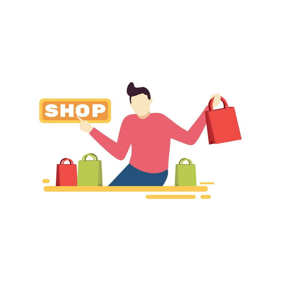 man holding shopping bag pointed and shop tag people character flat design vector illustration