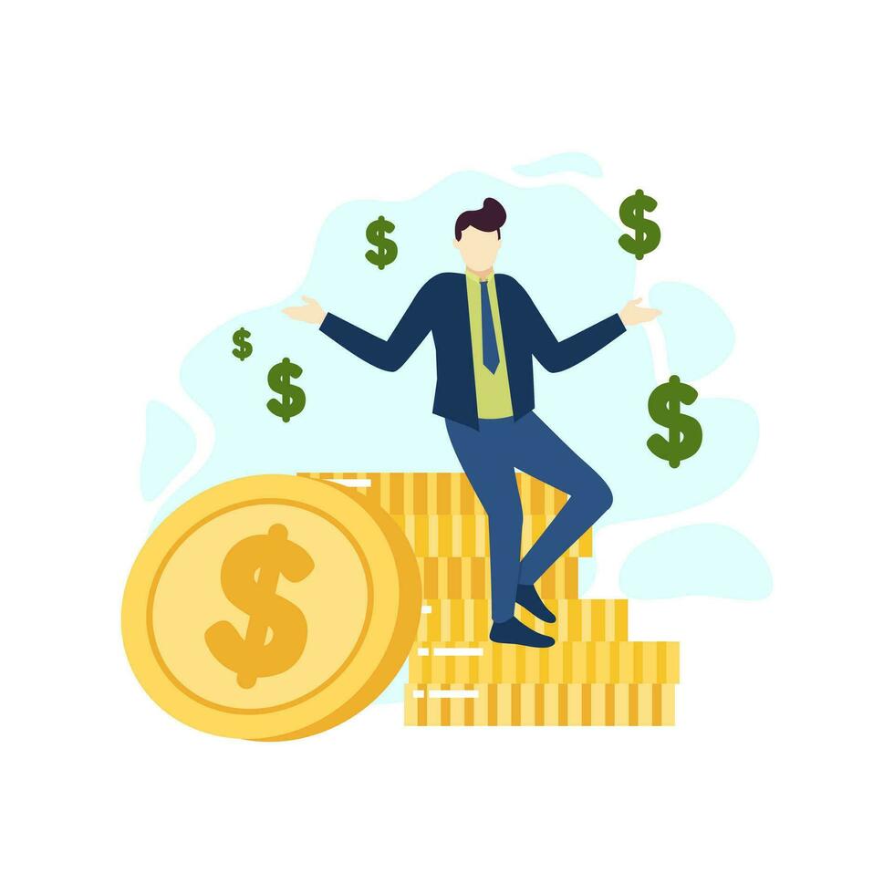 hombre es caminando en un pila de monedas dólar dinero riqueza personas personaje plano diseño vector ilustración