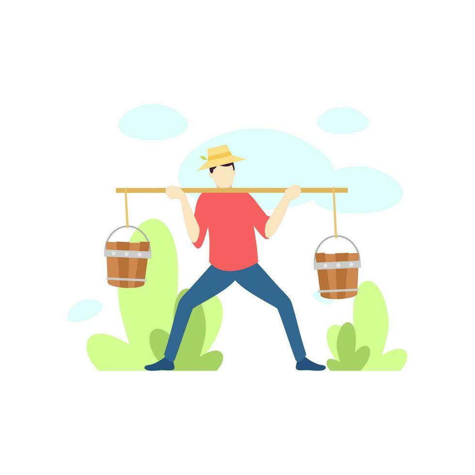 farmer man is lifting a bucket to water the plant people character flat design vector illustration