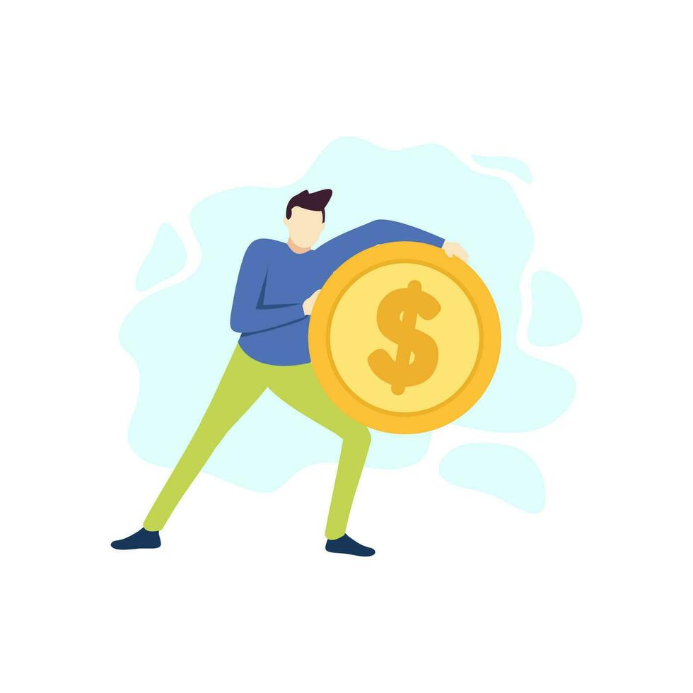man holding pick large dollar coin money people character vector illustration flat design