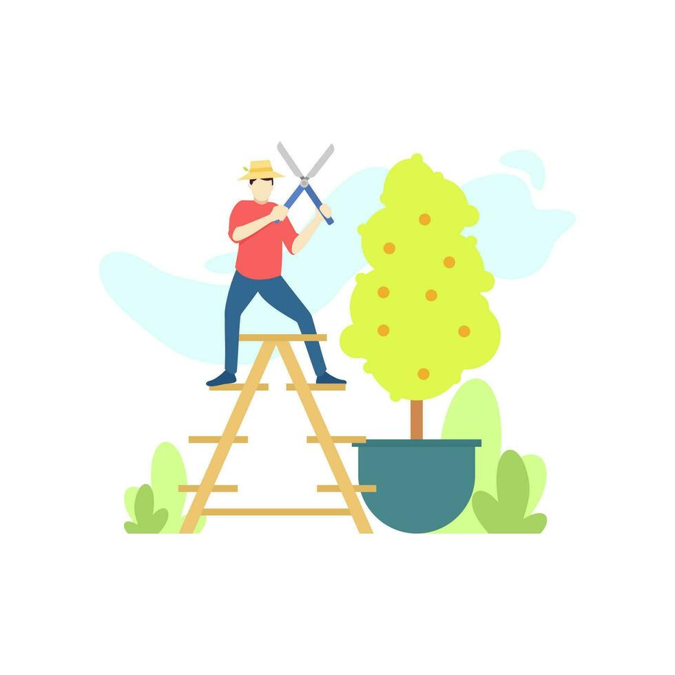 farmer man are pruning crops plant on the garden farm people character flat design vector illustration