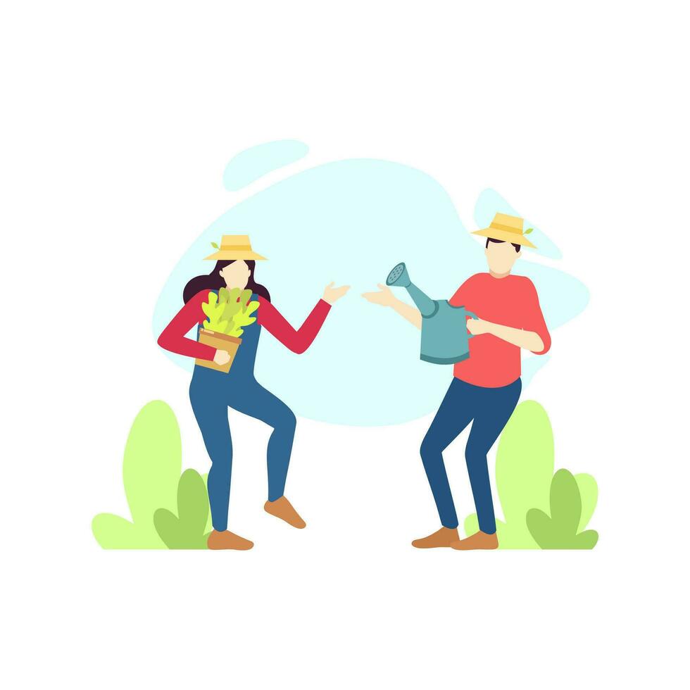 man and woman farmer are talking about plant care people character flat design vector illustration