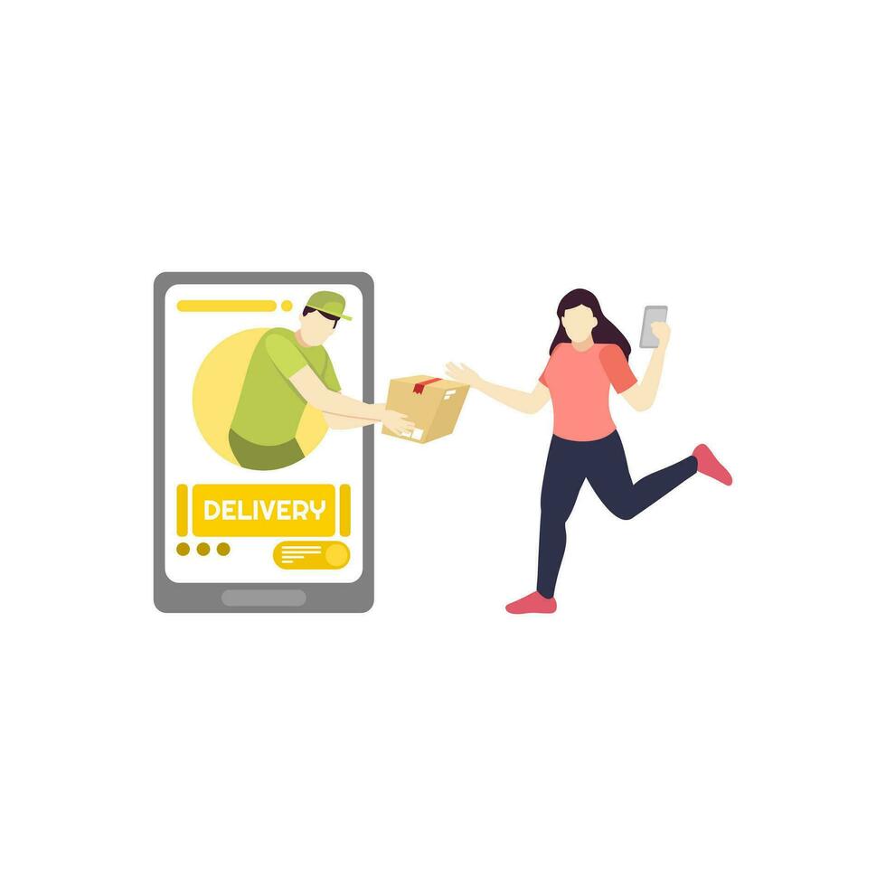 hombre mujer entrega en línea tienda envío móvil teléfono personas personaje plano diseño vector ilustración
