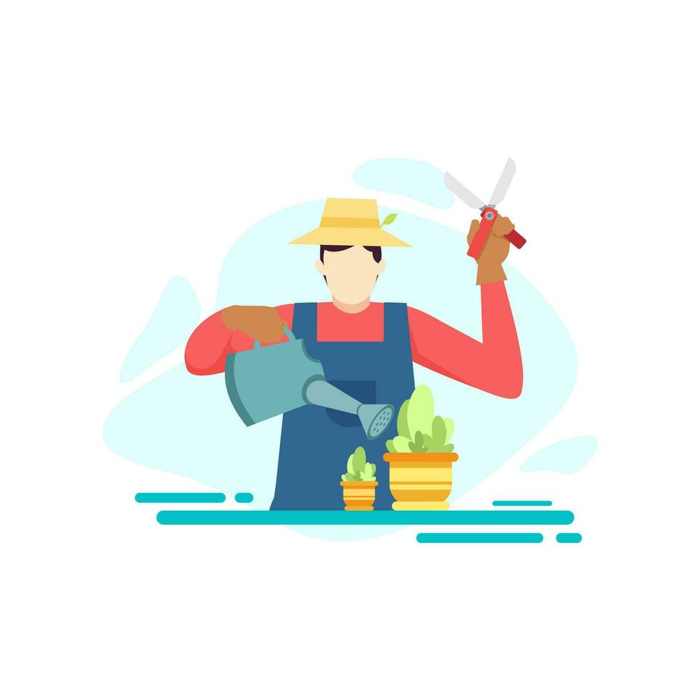 farmer man are pruning crops plant on the garden farm people character flat design vector illustration