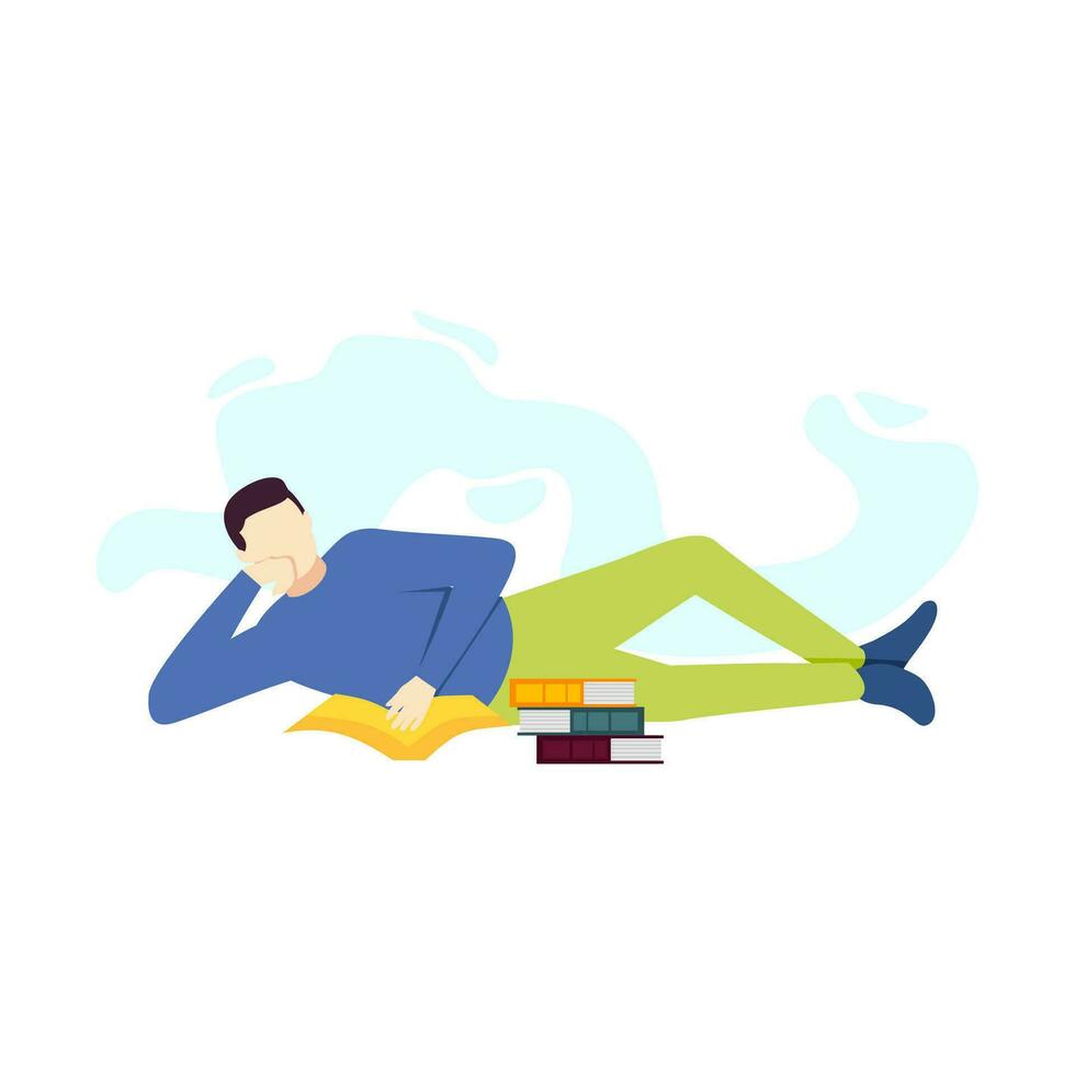 Man lying down and reading a book person character vector illustration flat design