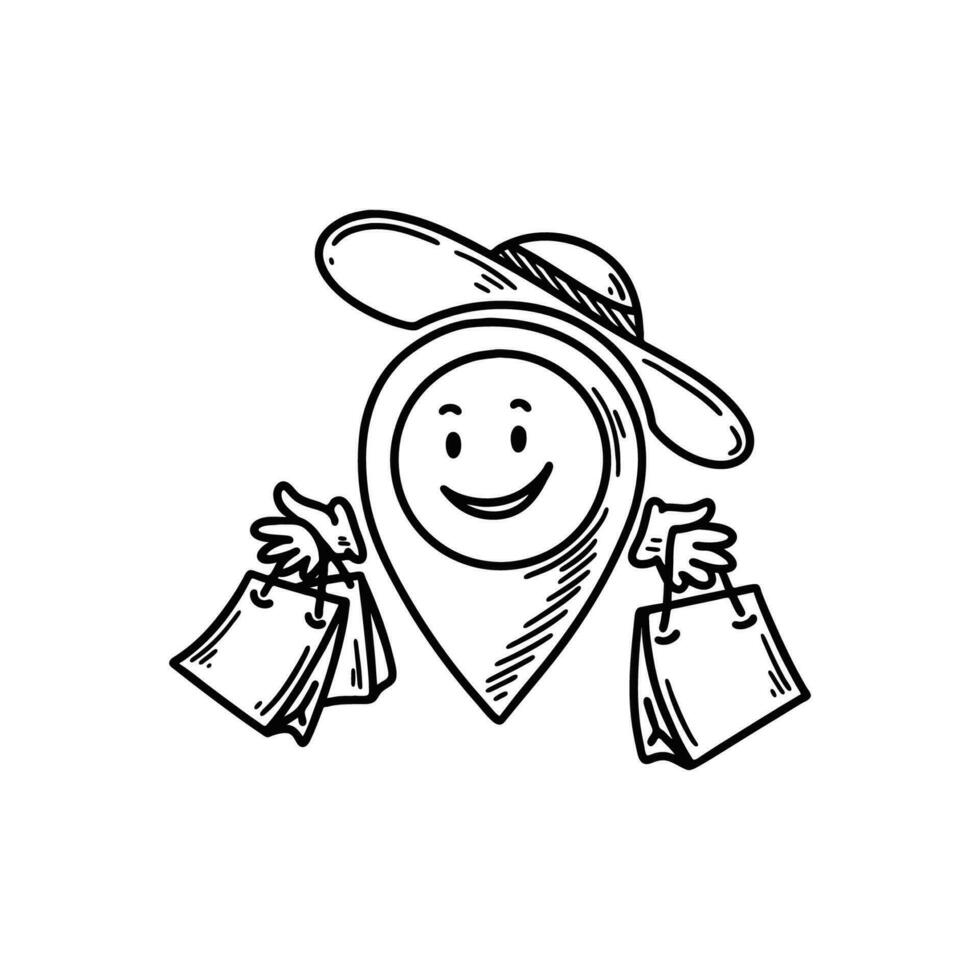 Cute line doodle store location pin emoji. Freehand sketch pinpoint. Map address comic emoticon. Smiling funny character vector