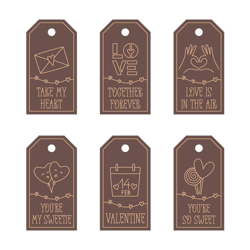 Valentines Day printable tags template in doodle style, hand-drawn love theme icons and quotes. Romantic mood, cute symbols and elements collection. vector