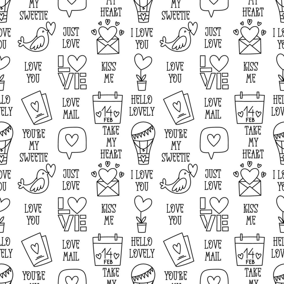 Valentines Day doodle style seamless pattern in black and white, hand-drawn love theme icons and quotes background. Romantic mood, cute symbols and elements collection. vector